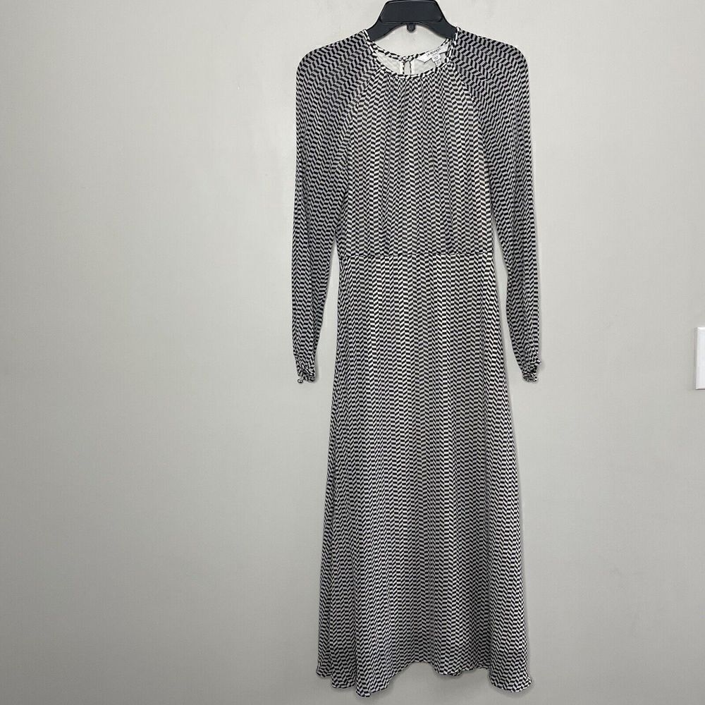 L.K. BENNETT Addison Dress Womens 2 Navy Geometric Midi Long Sleeve Viscose - Picture 2 of 11